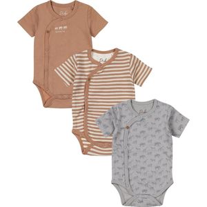 Dirkje - Korte Mouw Overslag Romper - Bruin Wit Blauw - Organisch Katoen - 3 Stuks