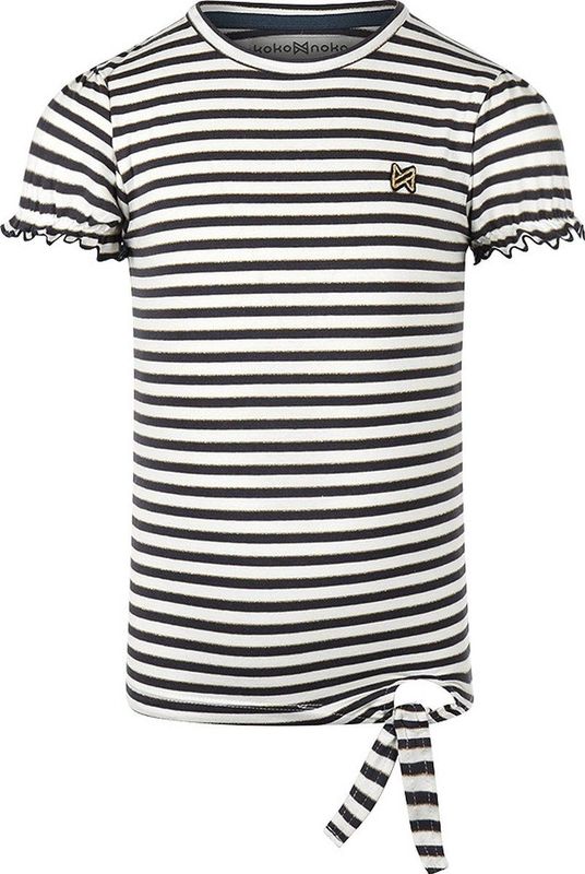 Koko Noko - T-shirt - Donkerblauw/Wit - Katoen/Lurex/Elastaan - Ronde Hals/Pofmouwen