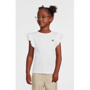 Koko Noko - T-shirt - Wit - Katoen met Elastaan - Ronde Hals, Kapmouwtjes, Broderie en Ruches