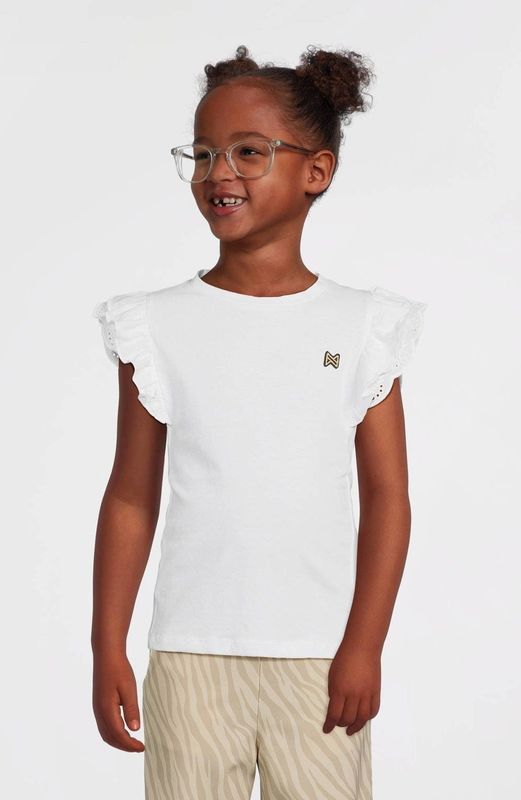 Koko Noko - T-shirt - Wit - Katoen met Elastaan - Ronde Hals, Kapmouwtjes, Broderie en Ruches