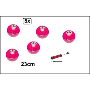 5x Speel voetbal smiling face 23 cm pink + ballenpomp - voetbal speelbal strand straat bal