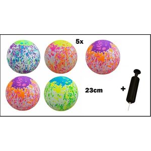 5x Bal splash / paintbal 23 cm met ballenpomp - Strand bal voetbal softbal volleybal straat gym zaal school fun ballen vrolijk