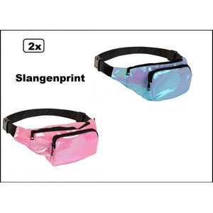 2x Heuptasje slangeleer print roze en turquoise - slangenprint stof/nepleder