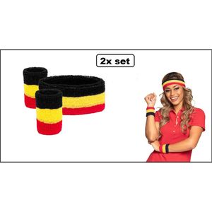 2x Zweetbandjes set zwart/geel/rood 3-dlg - Belgie - Sport thema feest festival fun partyevenement EK