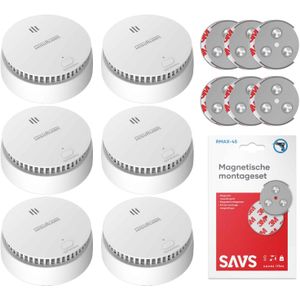 WisuAlarm SA20-A Rookmelder met magneet montage - 6 Rookmelders - 10 jaar batterij - Kan in de buurt van keuken en badkamer - Voldoet aan Europese norm - Brandalarm zonder boren