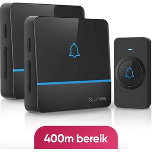 X-Sense Draadloze deurbel met 2 ontvangers - Zwart - Bereik 400 meter - Waterdicht - Zonder batterijen - 52 melodieën