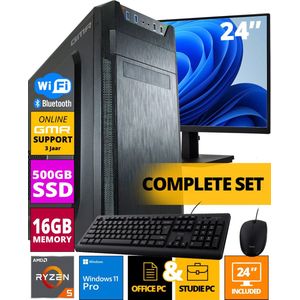 AMD Compleet PC SET | Ryzen 5 | 16 GB RAM | 500 GB SSD | Windows 11 Pro | Inclusief 24"" Monitor, Muis & Toetsenbord