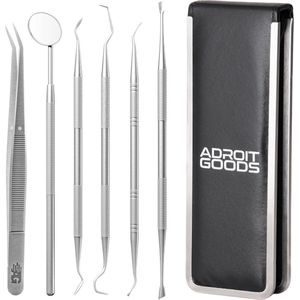 AdroitGoods 7 delige RVS Tandarts Setje - Incl Haakje en Spiegel - Tandenstokers - Tandplak - Gebit Verzorging Setje