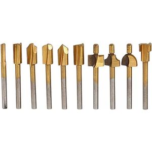 Frezensets – Freesset 10 delig - Set van 10 frezen – Mini frezenset – HSS - Titanium - ø 3 mm - ø ⅛ inch - Houtbewerking - Multitool accessoiresset geschikt voor Dremel multitools