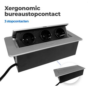 Xergonomic bureaustopcontact – bureaustekkerdoos met 3 stopcontacten – Inklapbare inbouw stekkerdoos – Inbouw contactdoos voor huis en kantoor meubilair –  Stevige en moderne inbouwstekkerblok – B26.3xL11.7xH6.5cm  Zilver