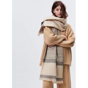 Dames sjaal | wol | warme winter sjaal | gestreepte sjaal | beige | 200 x 100cm