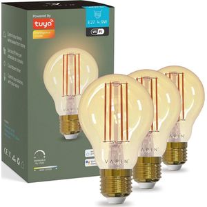 Varin® Smart Filament Led Lamp E27 [3 stuks] - 5W - Extra warm wit licht - Bediening via app - Voice control - Slimme bulb verlichting - Smart Light - Google Home en Amazon Alexa - Tuya wifi - Nachtlamp - Lampen woonkamer, keuken, slaapkamer, hal
