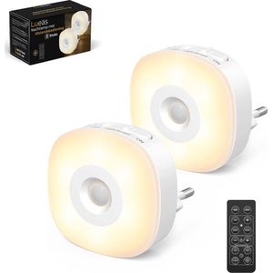 Lueas® - 2x LED Stopcontact Lampje Met Lichtsensor – Met Afstandsbediening – Plugin Ledlamp – Nachtlampje - Warm/Wit licht – Dimbaar – Met Timer