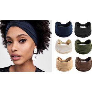 6 Stuks - Extra Brede Dames Haarbanden - Navy, Bruin, Crème, Zwart, Camel, Groen