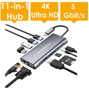Phonergy Switch- 11-in-1 - Usb c hub - Usb hub - 4K Ultra HD - HDMI - 4K VGA - 4x USB 3.0 - 100 Watt opladen -TF/SD reader - Koptelefoon - High End - Space Grey
