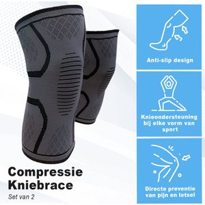 Revasupply™ - Kniebraces - 2 Stuks - Maat XL - Knie bandage - Knie sleeve - Knie compressie - Blessures - Sport - Unisex - Zwart/grijs - 47-50 cm - Inclusief E-book