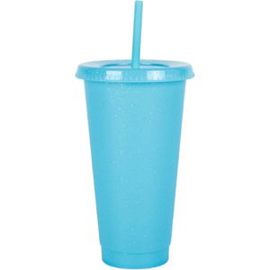 Brash - Herbruikbare drinkbeker - Drinkfles met deksel en rietje - Starbucks look a like beker - Drinkbeker - Glitter Blauw - 710ML