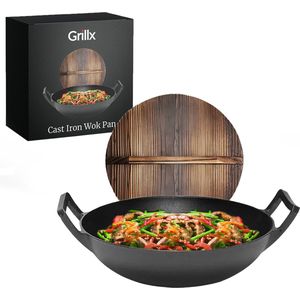 GrillX Wokpan Gietijzer - Met Houten Deksel - Ø 36cm - Gietijzeren Wadjan - BBQ & Inductie Pan