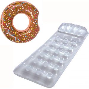 Zilver Luchtbed - 188 x 71 cm + Opblaasbare Zwemband Bruine Donut 107 cm Luchtband Drijfstoel Drijvende WaterStoel LoungeStoel WaterHangmat Zwembad Ligbed Luchtbed - Floating Bed - Drijvende Water Ligstoel - Opblaasbaar