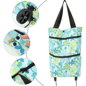 Opvouwbare Boodschappentrolley 3-in-1, BoodschappenTas met Wielen Trolley Gebloemd Blauw