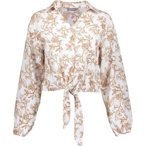 Beige blouse met strik en bruine bloemenbroderie