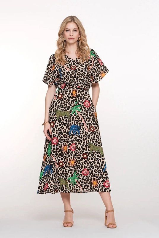 Geisha - Jurk 57348-20 - Sand/Green/Blue - Rechtvallend - V-hals - Leopard Print