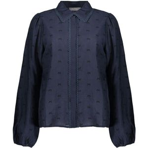 Geisha - 53533-14 - Blouse - Navy - V-hals - Kanten Details - Lange Pofmouwen