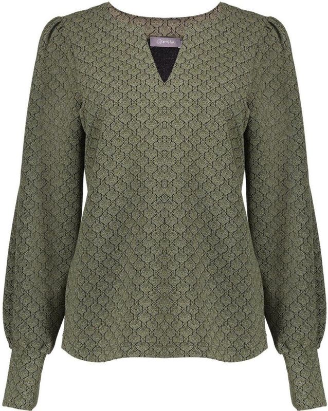 Geisha - T-shirt - Green/black - V-hals - Jacquard Print