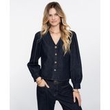 Geisha - 53504-10 - Denim Blouse - Dark Blue Denim - V-hals - Lange Pofmouwen