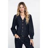 Geisha - 53504-10 - Denim Blouse - Dark Blue Denim - V-hals - Lange Pofmouwen