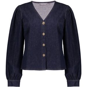 Geisha - 53504-10 - Denim Blouse - Dark Blue Denim - V-hals - Lange Pofmouwen