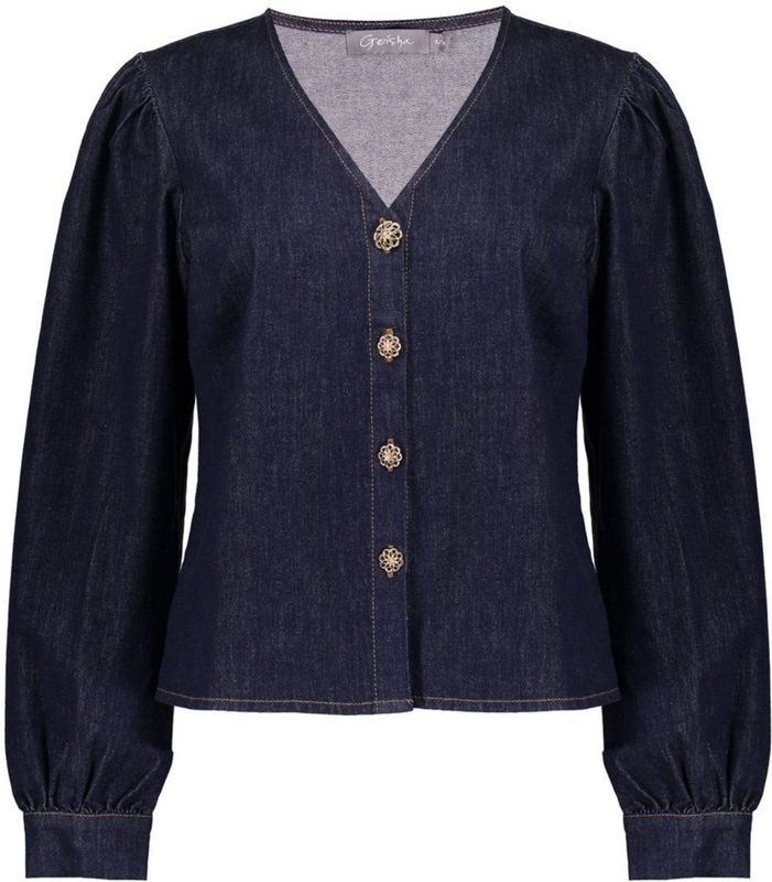 Geisha - 53504-10 - Denim Blouse - Dark Blue Denim - V-hals - Lange Pofmouwen