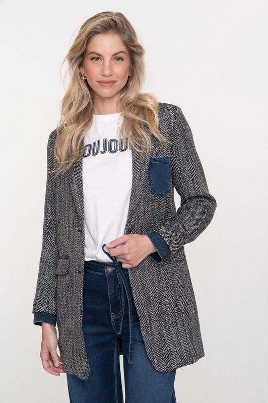 Geisha - Blazer - Anthraciet - Lange Blazer Met Visgraatprint - Dames