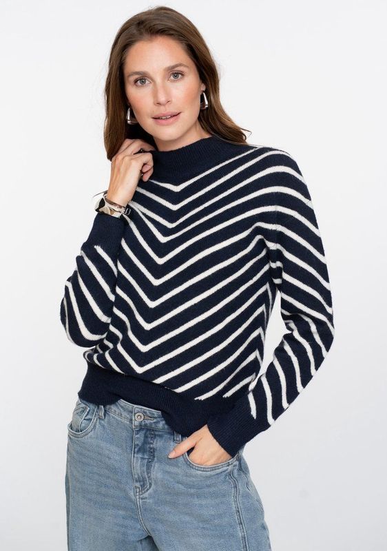 Geisha - 54504 - Trui - Navy/offwhite - Met Streepdessin En Turtleneck