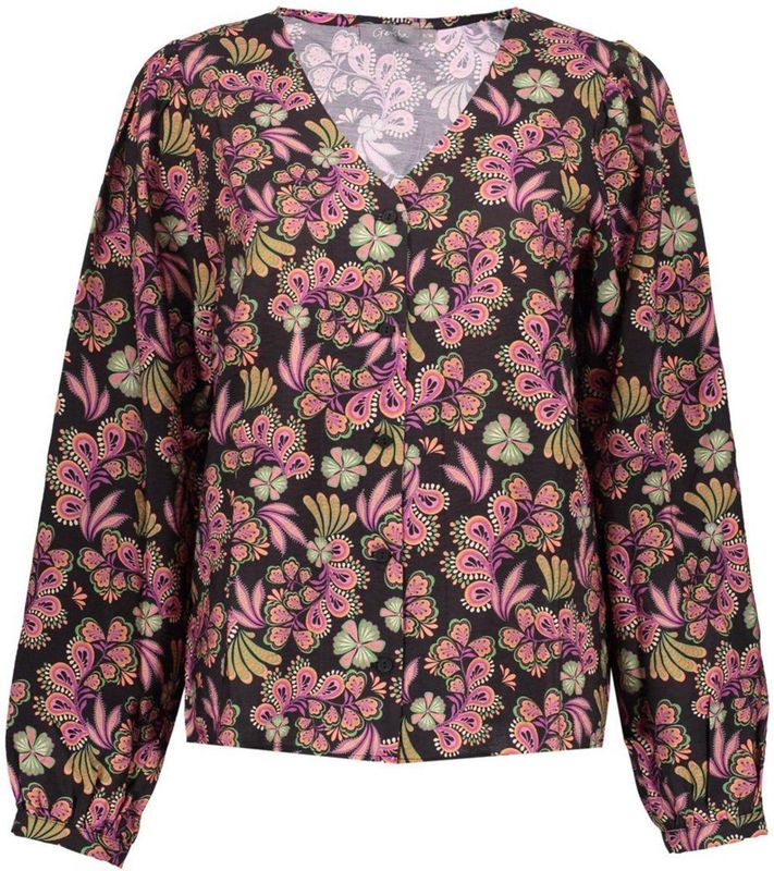 Geisha - Blouse Retro Flower Print - Zwart/Coral - Dames