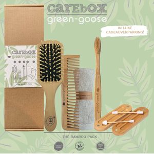 green-goose® Bamboe Verzorgingsset | CareBox Bamboo | Massage Haarborstel, Tandenborstel, Zacht Bamboe Doekje, 2 Herbruikbare Bamboe Silicone Wattenstaafjes in Houder