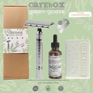 green-goose® Scheerset | CareBox Shave Pack | RVS Klassiek Scheermes | 10 Scheermesjes | Scheerolie | Verzorgende Geitenmelkzeep |
