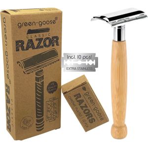 green-goose® Klassiek Scheermes | Bamboe | Met 10 Scheermesjes | Safety Razor RVS