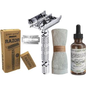 green-goose® Scheerpakket | Safety Razor Klassiek Scheermes | Zilver Vlindersluiting | Biologische Scheerolie | Bamboe Doekje | 10 Scheermesjes | Duurzaam Cadeau!