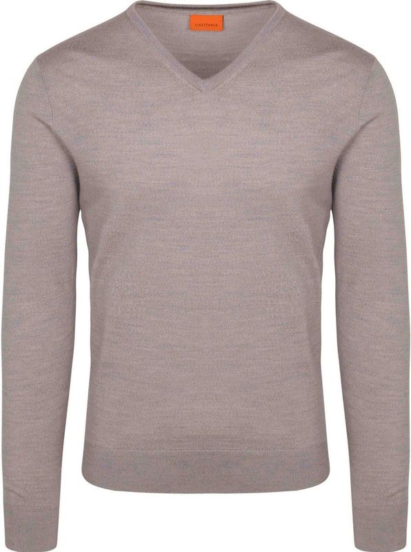 Suitable Merino Pullover V-Hals Greige - Heren - Pullovers
