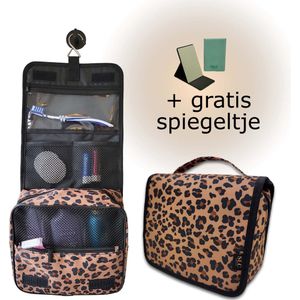 SLC Collection - Toilettas met Haak - Luipaardprint - Bruin - Zwart - Leopard - Beautycase - Organizer - Reistas - Uitklapbare Toilettas - Make-Up Tas