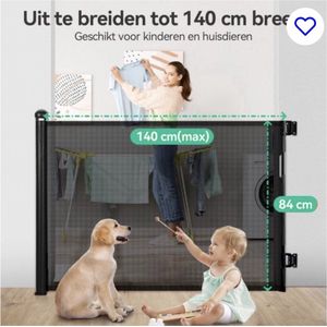 ZIZA Oprolbaar Traphekje met Vergrendeling Indicator - Tot 140cm Breed 86cm hoog - Veiligheidshekje voor Baby Kinderhekje Hondenhek – Zwart