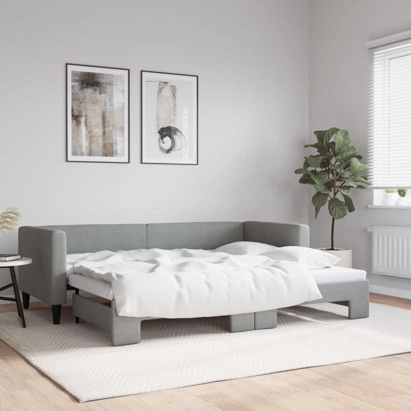 vidaXL - Slaapbank - met - onderschuifbed - 80x200 - cm - stof - lichtgrijs