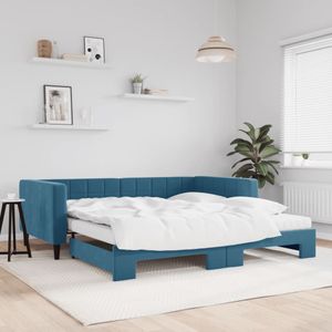 vidaXL Slaapbank onderschuifbed en matrassen 100x200 cm fluweel blauw