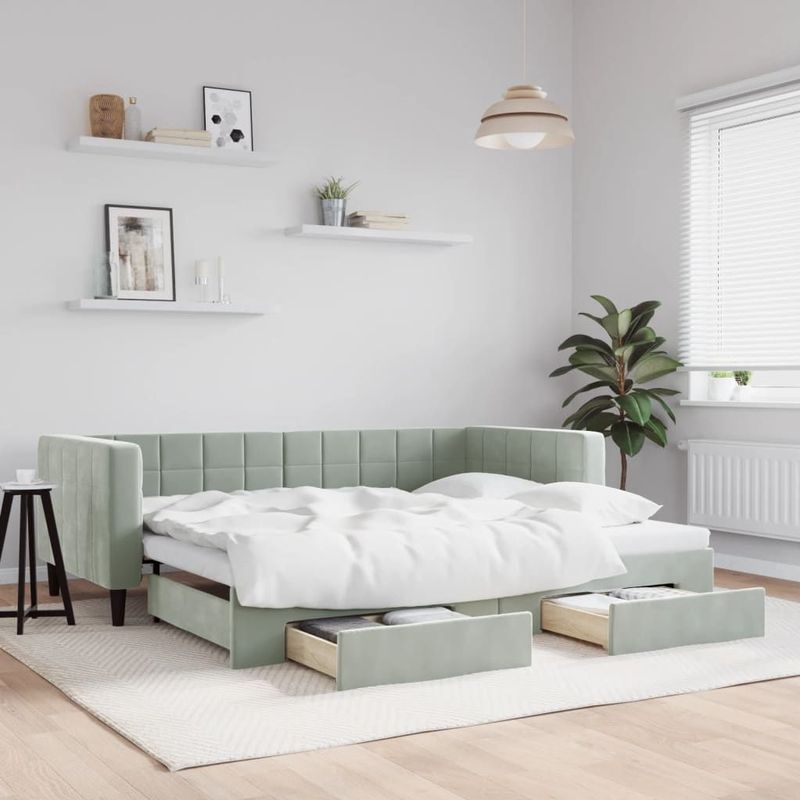 vidaXL - Slaapbank - onderschuifbed - en - lades - 90x200 - cm - fluweel - lichtgrijs