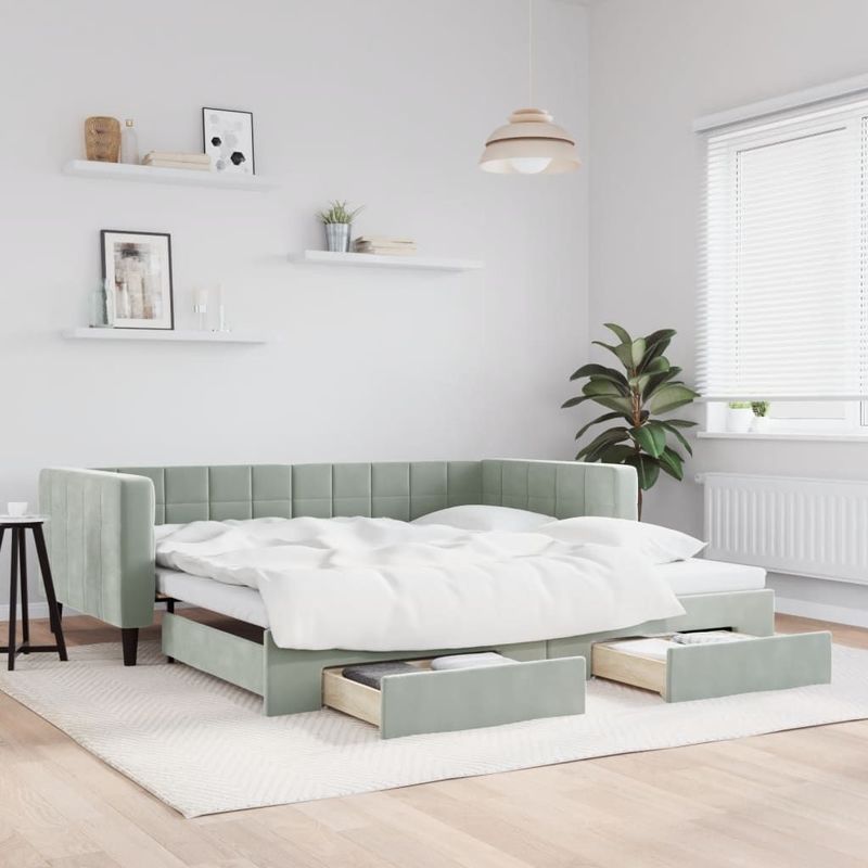vidaXL - Slaapbank - onderschuifbed - en - lades - 100x200 - cm - fluweel - lichtgrijs