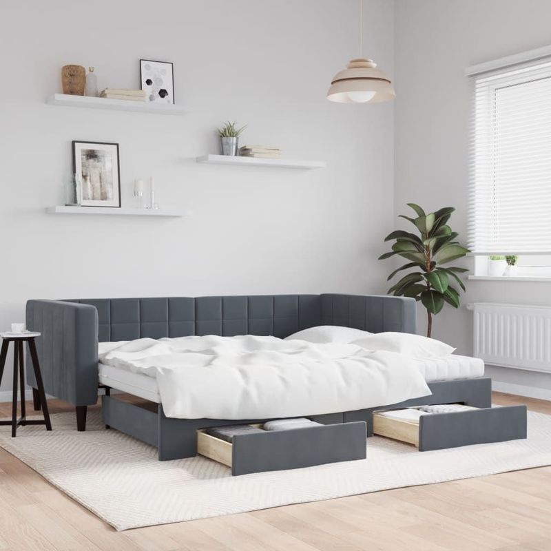 vidaXL - Slaapbank - onderschuifbed - en - lades - 90x190 - cm - fluweel - donkergrijs