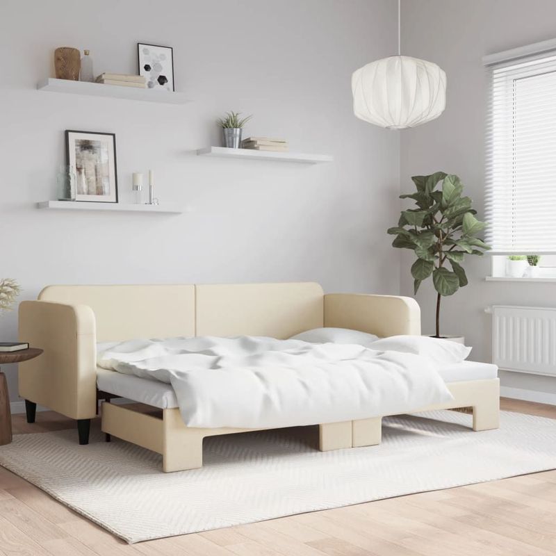 vidaXL - Slaapbank - Crèmekleurig - Stof - 2-in-1 met Onderschuifbed