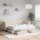 vidaXL - Slaapbank - met - onderschuifbed - en - lades - 80x200 - cm - stof - crèmekleur
