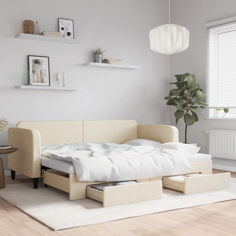 vidaXL - Slaapbank - met - onderschuifbed - en - lades - 80x200 - cm - stof - crèmekleur
